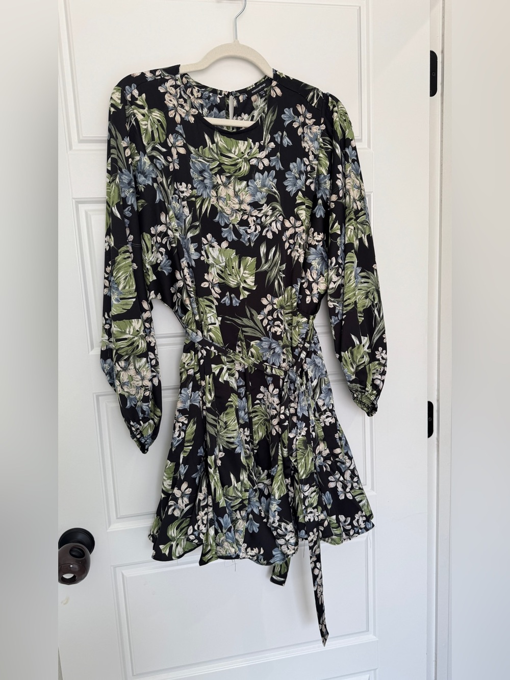 mittoshop Black Floral Print Mini Dress with Green & Blue Leaves